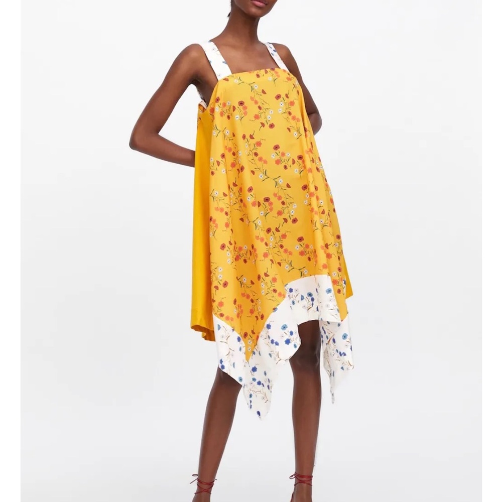 Zara Yellow Floral Asymmetrical Handkerchief Dress with White Hem